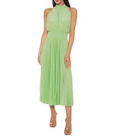 Marina Sleeveless Halter Mock Neck Smocked Pleated Crepe Chiffon A-Line Midi Dress