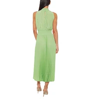 Marina Sleeveless Halter Mock Neck Smocked Pleated Crepe Chiffon A-Line Midi Dress
