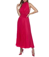 Marina Sleeveless Halter Mock Neck Smocked Pleated Crepe Chiffon A-Line Midi Dress