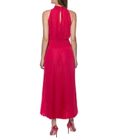 Marina Sleeveless Halter Mock Neck Smocked Pleated Crepe Chiffon A-Line Midi Dress