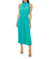 Marina Sleeveless Halter Mock Neck Smocked Pleated Crepe Chiffon A-Line Midi Dress