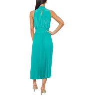 Marina Sleeveless Halter Mock Neck Smocked Pleated Crepe Chiffon A-Line Midi Dress