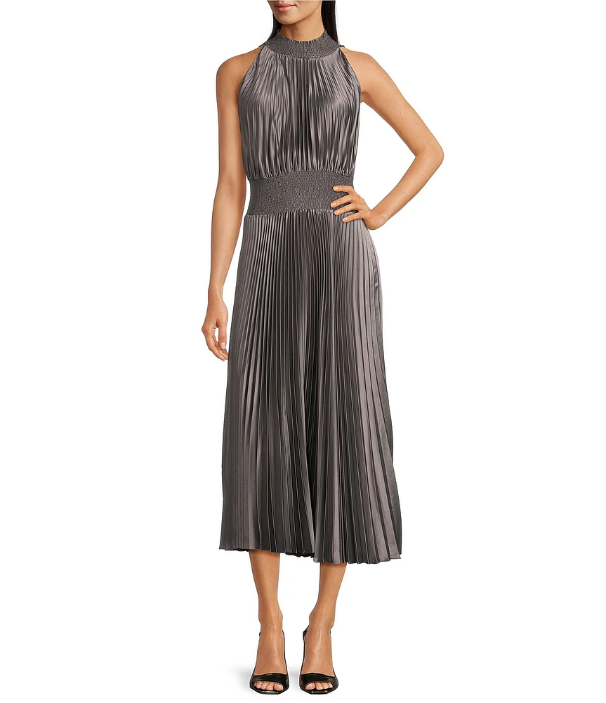 Marina Sleeveless Halter Mock Neck Smocked Pleated Crepe Chiffon A-Line Midi Dress