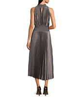 Marina Sleeveless Halter Mock Neck Smocked Pleated Crepe Chiffon A-Line Midi Dress