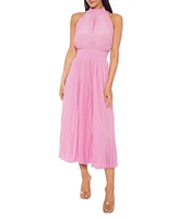 Marina Sleeveless Halter Mock Neck Smocked Pleated Crepe Chiffon A-Line Midi Dress