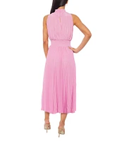 Marina Sleeveless Halter Mock Neck Smocked Pleated Crepe Chiffon A-Line Midi Dress
