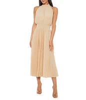 Marina Sleeveless Halter Mock Neck Smocked Pleated Crepe Chiffon A-Line Midi Dress