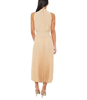 Marina Sleeveless Halter Mock Neck Smocked Pleated Crepe Chiffon A-Line Midi Dress
