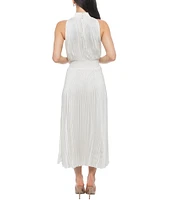 Marina Sleeveless Halter Mock Neck Smocked Pleated Crepe Chiffon A-Line Midi Dress
