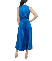 Marina Sleeveless Halter Mock Neck Smocked Pleated Crepe Chiffon A-Line Midi Dress