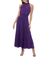 Marina Sleeveless Halter Mock Neck Smocked Pleated Crepe Chiffon A-Line Midi Dress