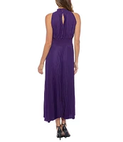 Marina Sleeveless Halter Mock Neck Smocked Pleated Crepe Chiffon A-Line Midi Dress