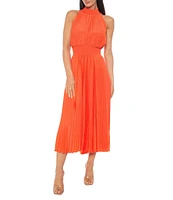 Marina Sleeveless Halter Mock Neck Smocked Pleated Crepe Chiffon A-Line Midi Dress