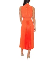 Marina Sleeveless Halter Mock Neck Smocked Pleated Crepe Chiffon A-Line Midi Dress