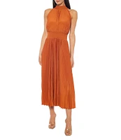Marina Sleeveless Halter Mock Neck Smocked Pleated Crepe Chiffon A-Line Midi Dress