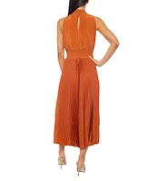Marina Sleeveless Halter Mock Neck Smocked Pleated Crepe Chiffon A-Line Midi Dress