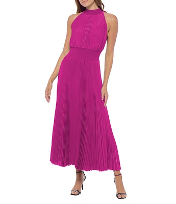 Marina Sleeveless Halter Mock Neck Smocked Pleated Crepe Chiffon A-Line Midi Dress