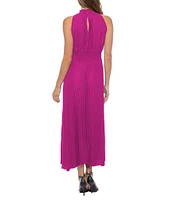 Marina Sleeveless Halter Mock Neck Smocked Pleated Crepe Chiffon A-Line Midi Dress