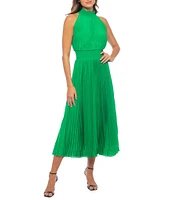 Marina Sleeveless Halter Mock Neck Smocked Pleated Crepe Chiffon A-Line Midi Dress