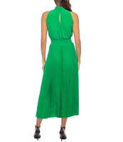 Marina Sleeveless Halter Mock Neck Smocked Pleated Crepe Chiffon A-Line Midi Dress