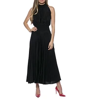 Marina Sleeveless Halter Mock Neck Smocked Pleated Crepe Chiffon A-Line Midi Dress