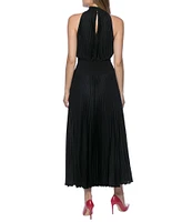 Marina Sleeveless Halter Mock Neck Smocked Pleated Crepe Chiffon A-Line Midi Dress