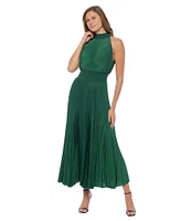 Marina Sleeveless Halter Mock Neck Smocked Pleated Crepe Chiffon A-Line Midi Dress