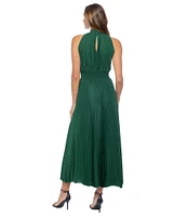 Marina Sleeveless Halter Mock Neck Smocked Pleated Crepe Chiffon A-Line Midi Dress