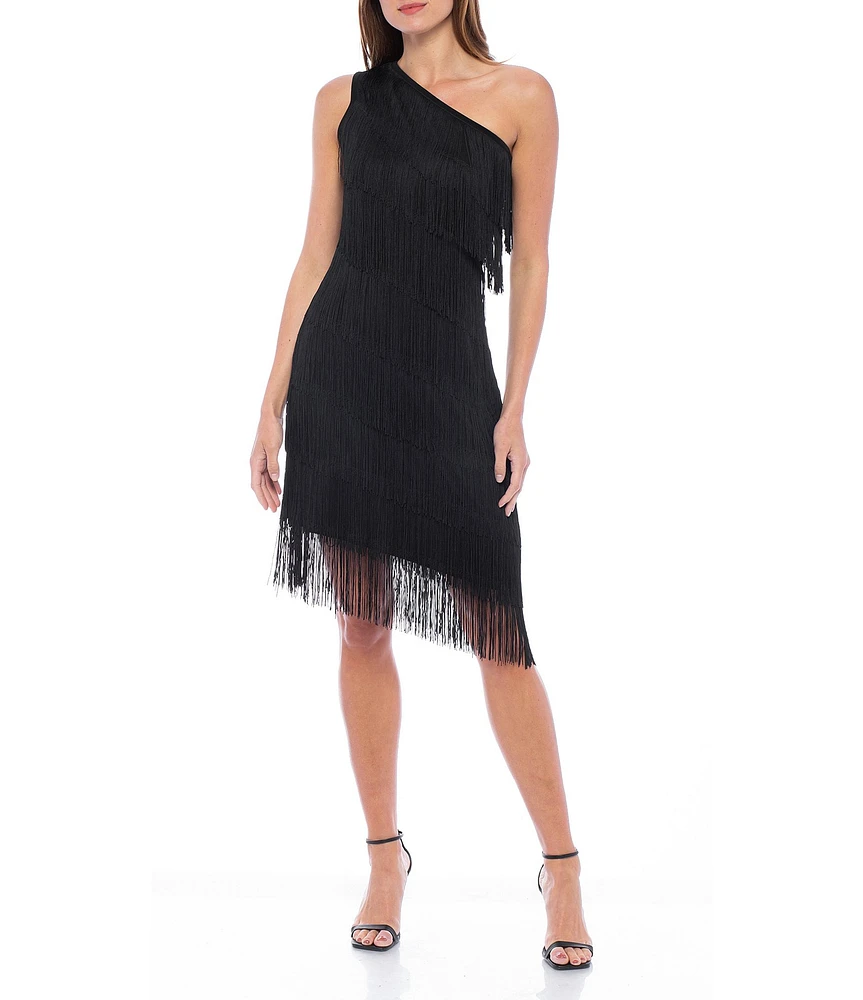 Marina Sleeveless One Shoulder Fringe Tier Dress