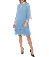 Marina Split 3/4 Sleeve Round Beaded Keyhole Neck Asymmetrical Tiered Chiffon Trapeze Dress