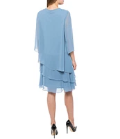 Marina Split 3/4 Sleeve Round Beaded Keyhole Neck Asymmetrical Tiered Chiffon Trapeze Dress