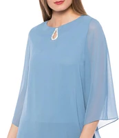 Marina Split 3/4 Sleeve Round Beaded Keyhole Neck Asymmetrical Tiered Chiffon Trapeze Dress