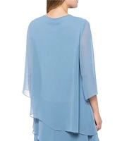 Marina Split 3/4 Sleeve Round Beaded Keyhole Neck Asymmetrical Tiered Chiffon Trapeze Dress