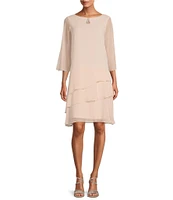 Marina Split 3/4 Sleeve Round Beaded Keyhole Neck Asymmetrical Tiered Chiffon Trapeze Dress