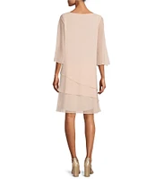 Marina Split 3/4 Sleeve Round Beaded Keyhole Neck Asymmetrical Tiered Chiffon Trapeze Dress