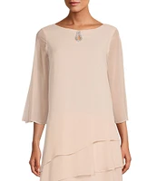 Marina Split 3/4 Sleeve Round Beaded Keyhole Neck Asymmetrical Tiered Chiffon Trapeze Dress