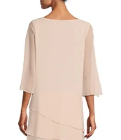 Marina Split 3/4 Sleeve Round Beaded Keyhole Neck Asymmetrical Tiered Chiffon Trapeze Dress