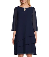 Marina Split 3/4 Sleeve Round Beaded Keyhole Neck Asymmetrical Tiered Chiffon Trapeze Dress