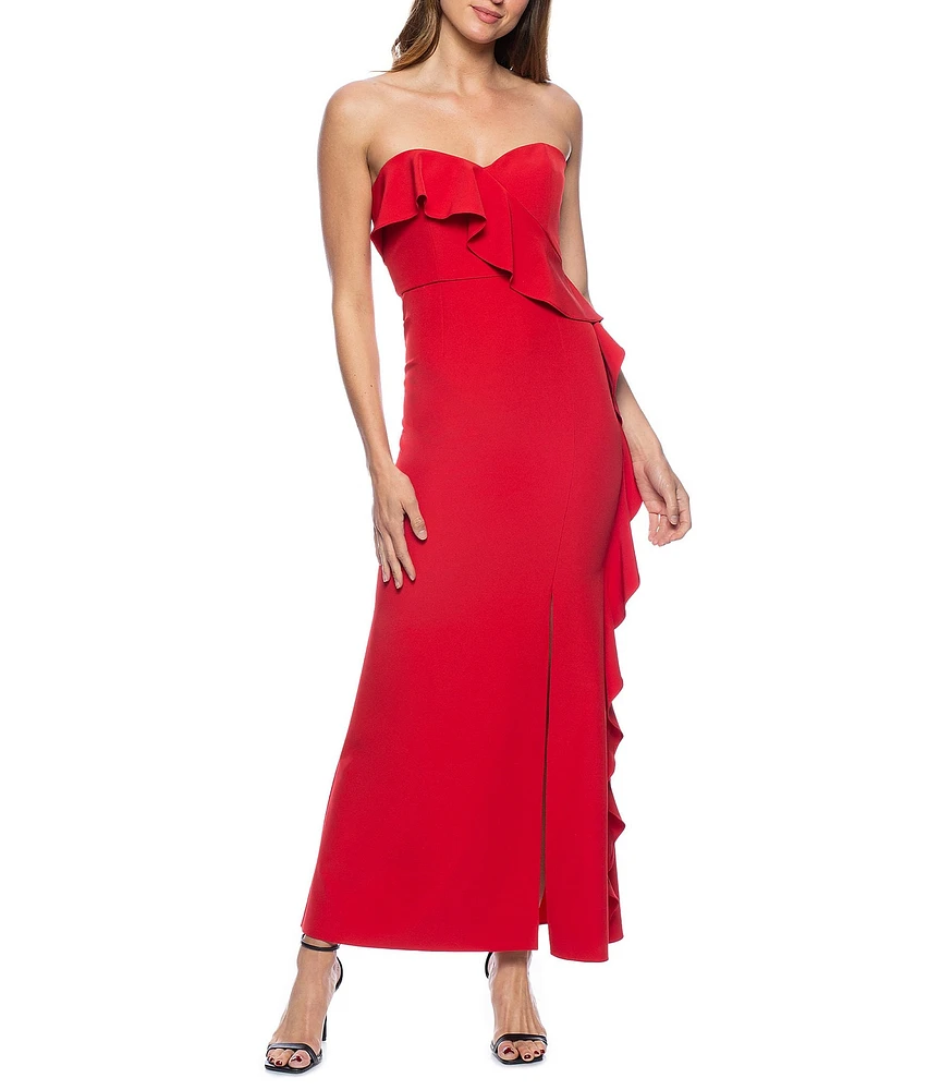 Marina Strapless Neck Sleeveless Ruffle Front Scuba Crepe Sheath Gown