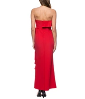 Marina Strapless Neck Sleeveless Ruffle Front Scuba Crepe Sheath Gown