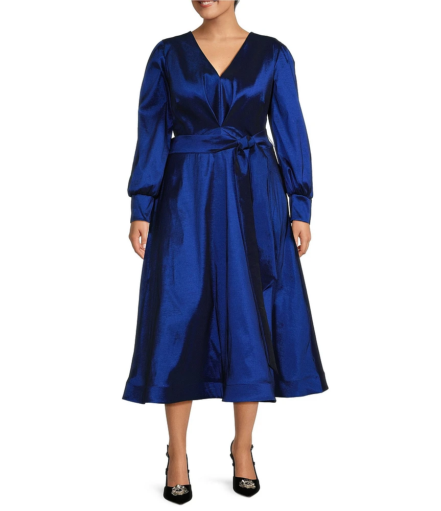 Marina Stretch Plus Size Taffeta V-Neck Long Sleeve Tie Sash Fit-and-Flare Gown