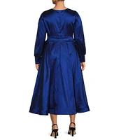 Marina Stretch Plus Size Taffeta V-Neck Long Sleeve Tie Sash Fit-and-Flare Gown