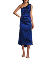 Marina Stretch Taffeta One Shoulder Bow Neck A-Line Midi Dress