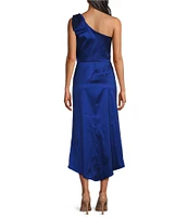 Marina Stretch Taffeta One Shoulder Bow Neck A-Line Midi Dress