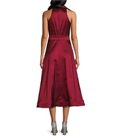 Marina Stretch Taffeta Point Collar Sleeveless Button Front A-Line Midi Dress