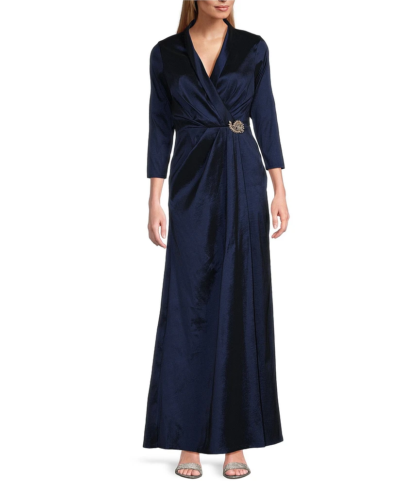 Marina Stretch Taffeta Surplice V-Neck 3/4 Sleeve Faux Wrap Dress