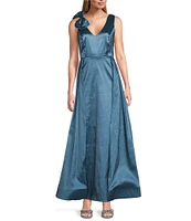 Marina Stretch Taffeta V-Neck Bow Shoulder Sleeveless Ball Gown