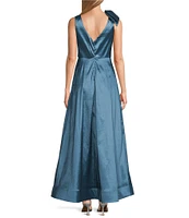 Marina Stretch Taffeta V-Neck Bow Shoulder Sleeveless Ball Gown