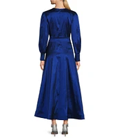 Marina Stretch Taffeta V-Neck Long Sleeve Tie Sash Fit-and-Flare Gown