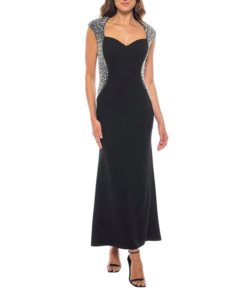 Marina Sweetheart Neck Cap Sleeve Beaded Side Detail Sheath Dress